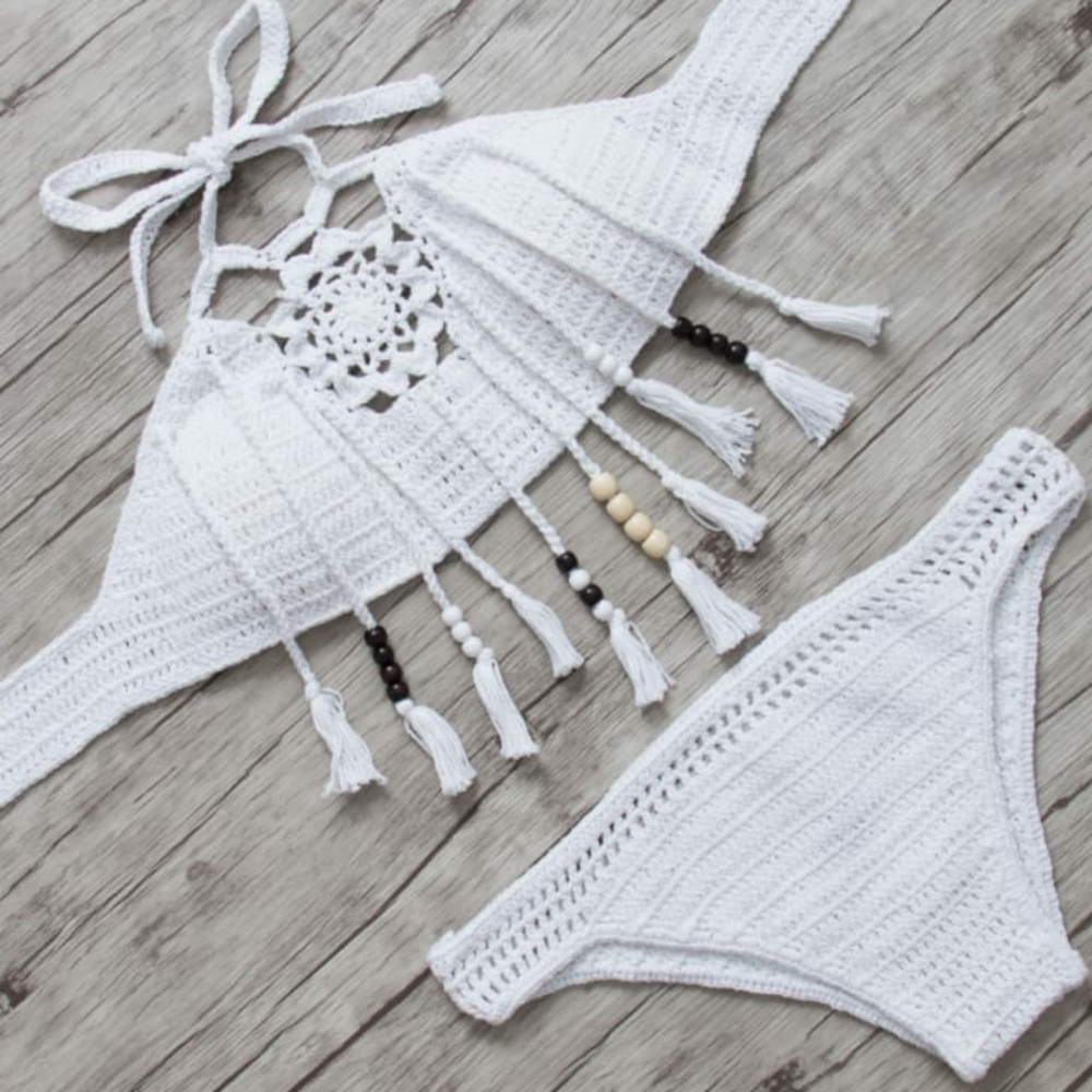 White Bikini Boho Knitted with Beads